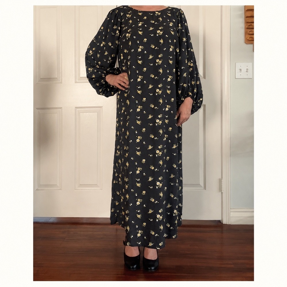 Floral Maxi Dress Womens M Black Yellow Long Puff Sleeve Slit Button H&M